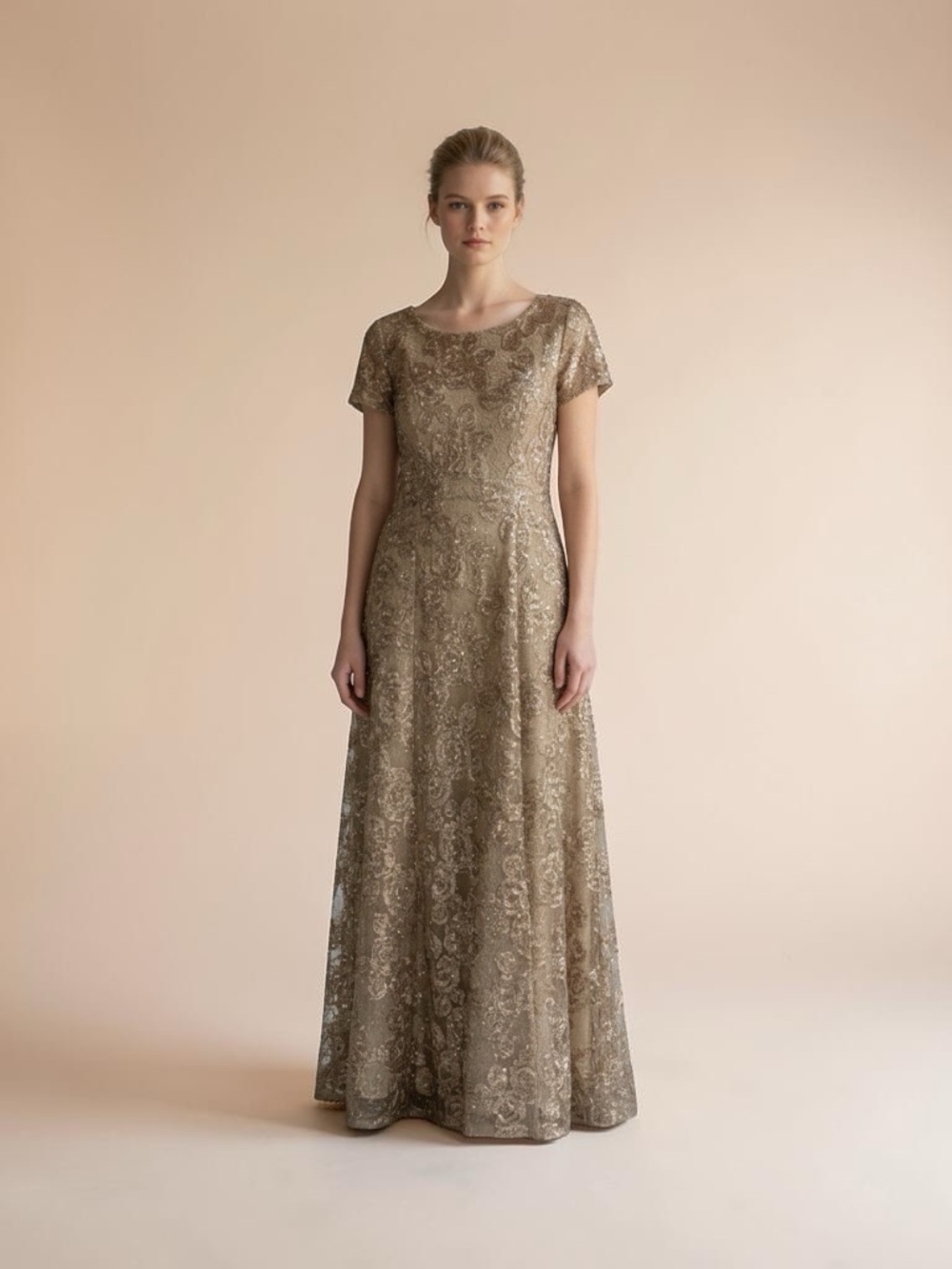 Alex Evenings Mocha Gold Evening Gown Dress Size 14P Goddess Wedding Party